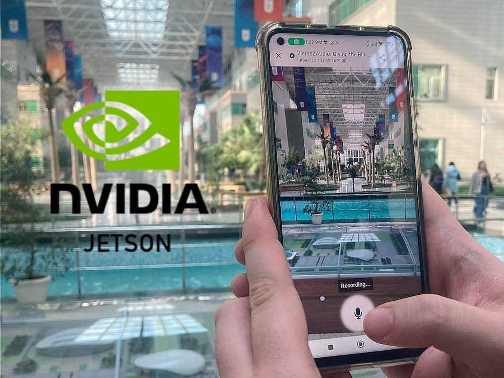AI-Powered Application for the Blind and Visually Impaired — the builder testing the app on a phone in a real venue