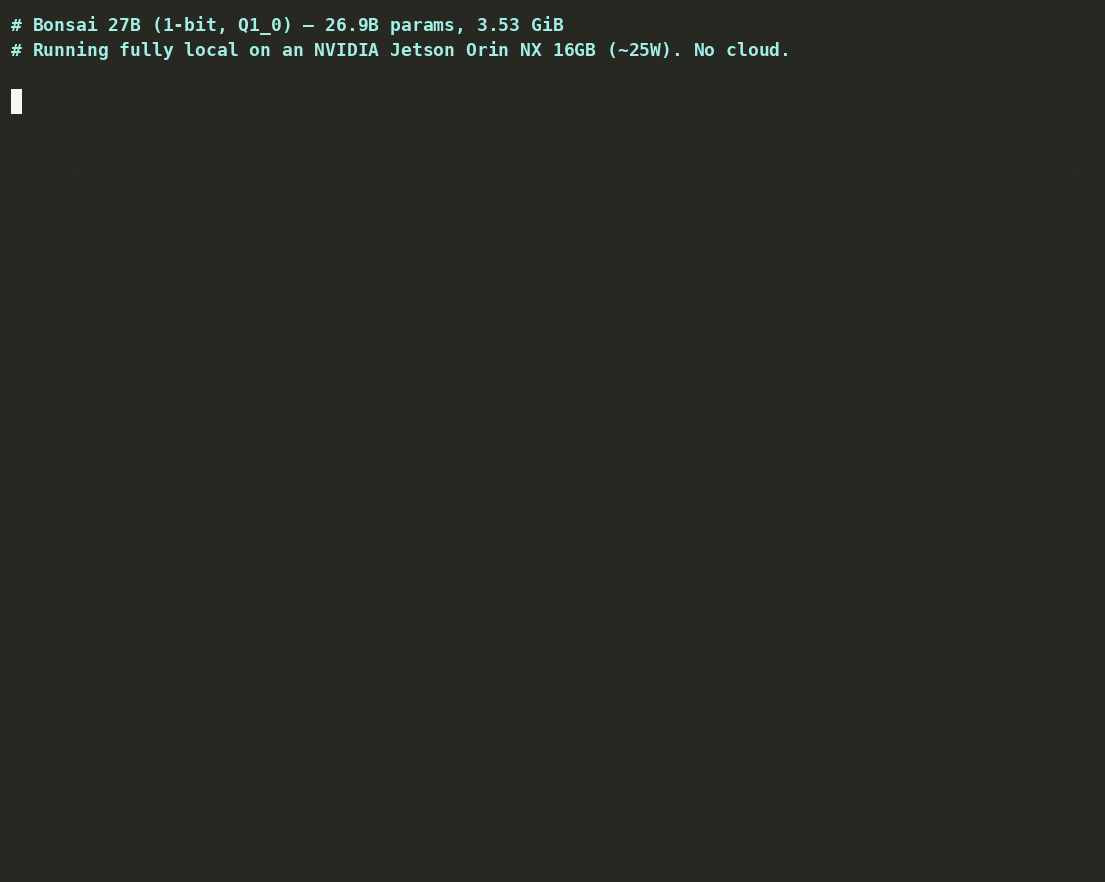 Animated terminal demo of Bonsai 27B generating text on a Jetson Orin NX, with live tokens/sec performance stats visible