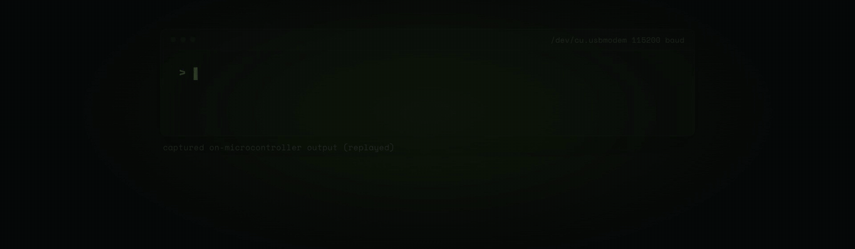 Animated demo: text generating live on a small screen wired to an ESP32-S3, one token at a time