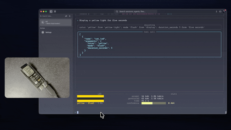 Terminal demo of two back-to-back requests to Needle 2 running on an ESP32-S3, streaming reasoning tokens and driving an onboard RGB LED, captured over a UART serial console