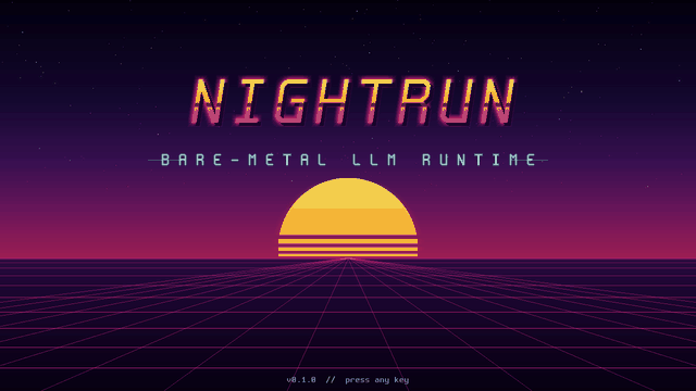 Animated demo of NightRun's framebuffer chat interface generating a response with no operating system running underneath it