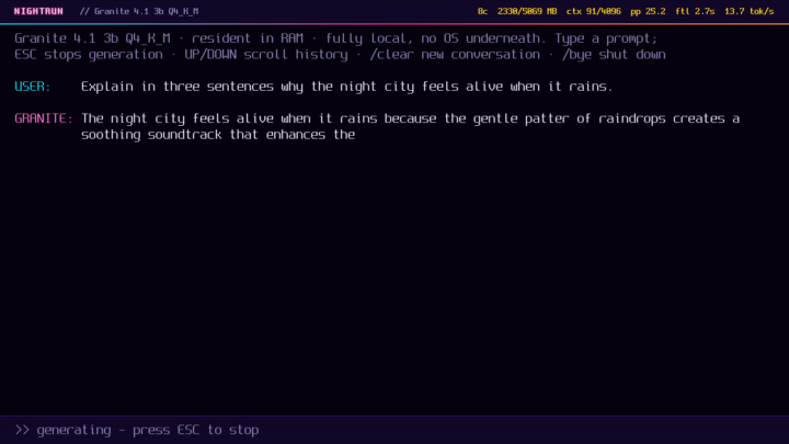 Screenshot of NightRun generating a response with the Granite 4.1 3B model in its built-in framebuffer chat interface, with live inference statistics in the status bar