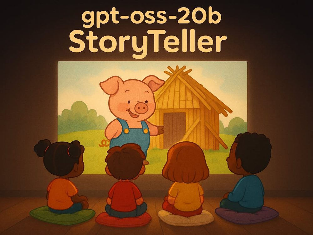 gpt-oss-20b Storyteller cover art — a projector showing an illustrated story to children