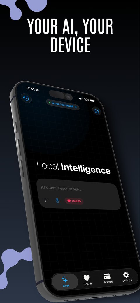Screenshot of the Priv AI iPhone app showing a dark-themed chat interface with a 'Local Intelligence' hero header and a model selector
